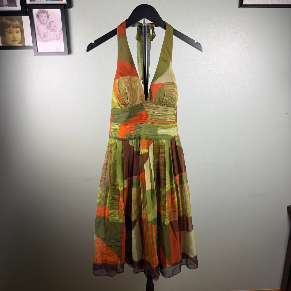 Cache Y2K Retro Boho Women Halter Fit Flare Dress Green Orange 100% Silk